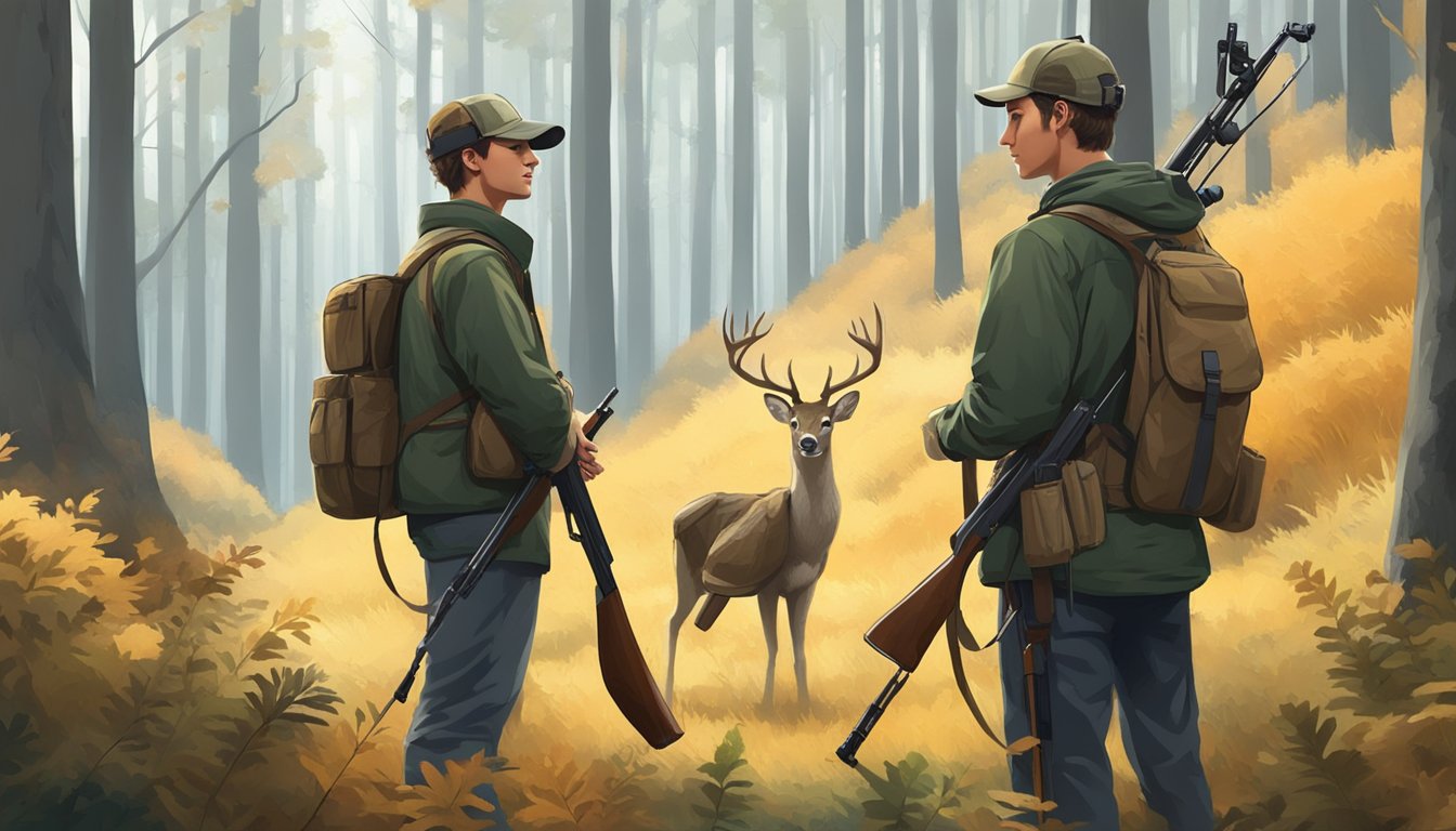 A young hunter wearing earmuffs, standing in a forest with a rifle, while a deer grazes in the background