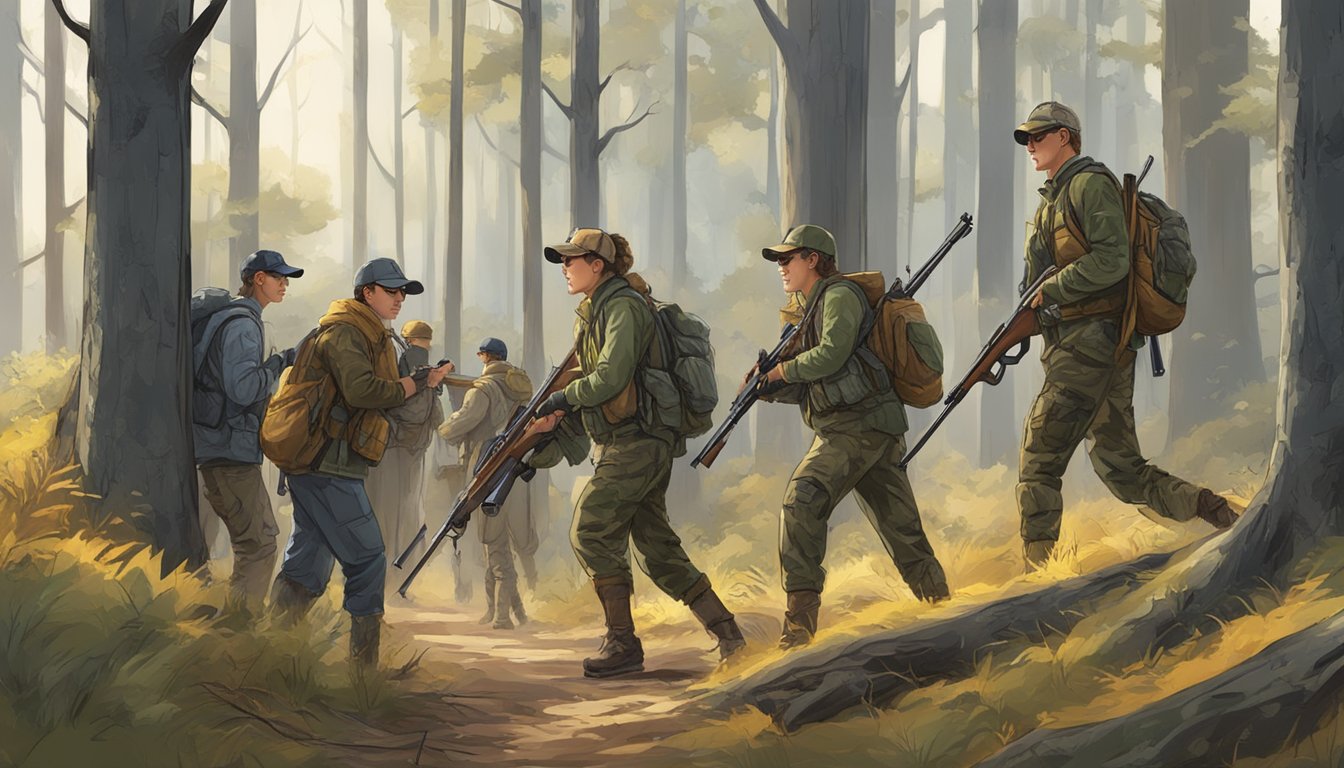 A group of young hunters gather in a forest clearing, carrying rifles and wearing camouflage gear. A mentor instructs them on safety and hunting techniques