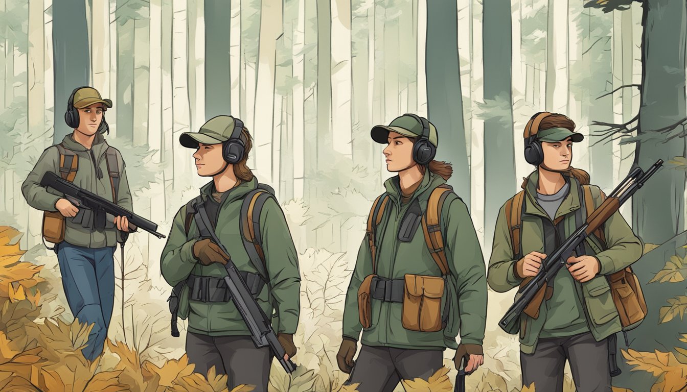 A group of young hunters wearing ear protection while scanning the forest for game