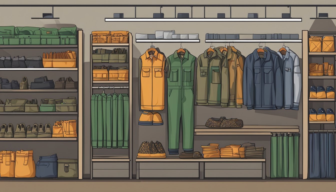 A hunting supply store with rows of youth coveralls in various colors and patterns, displayed on racks and shelves