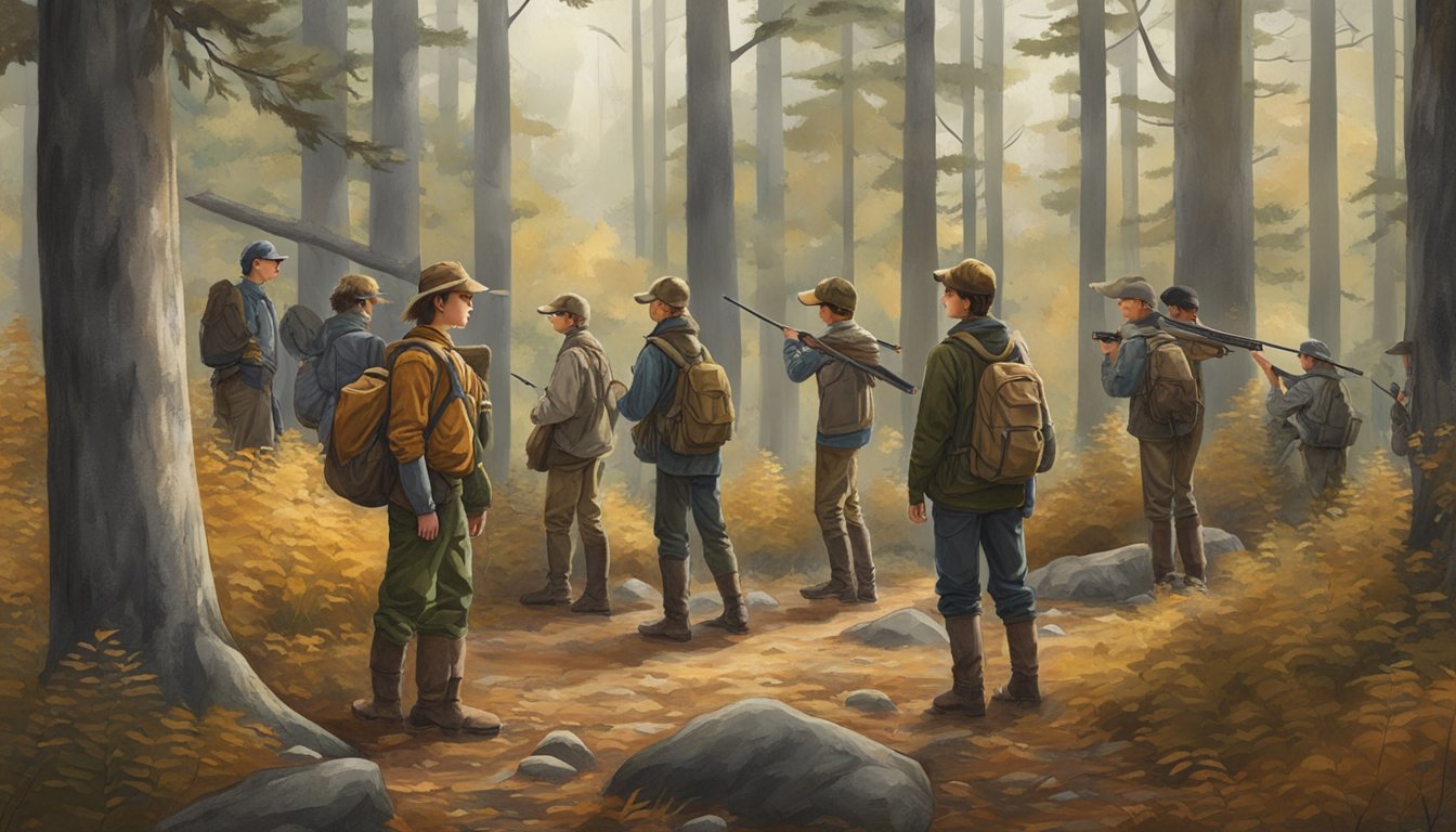 A group of young hunters gather at a forest clearing, surrounded by trees and wildlife, as they participate in a licensing and education youth hunting day