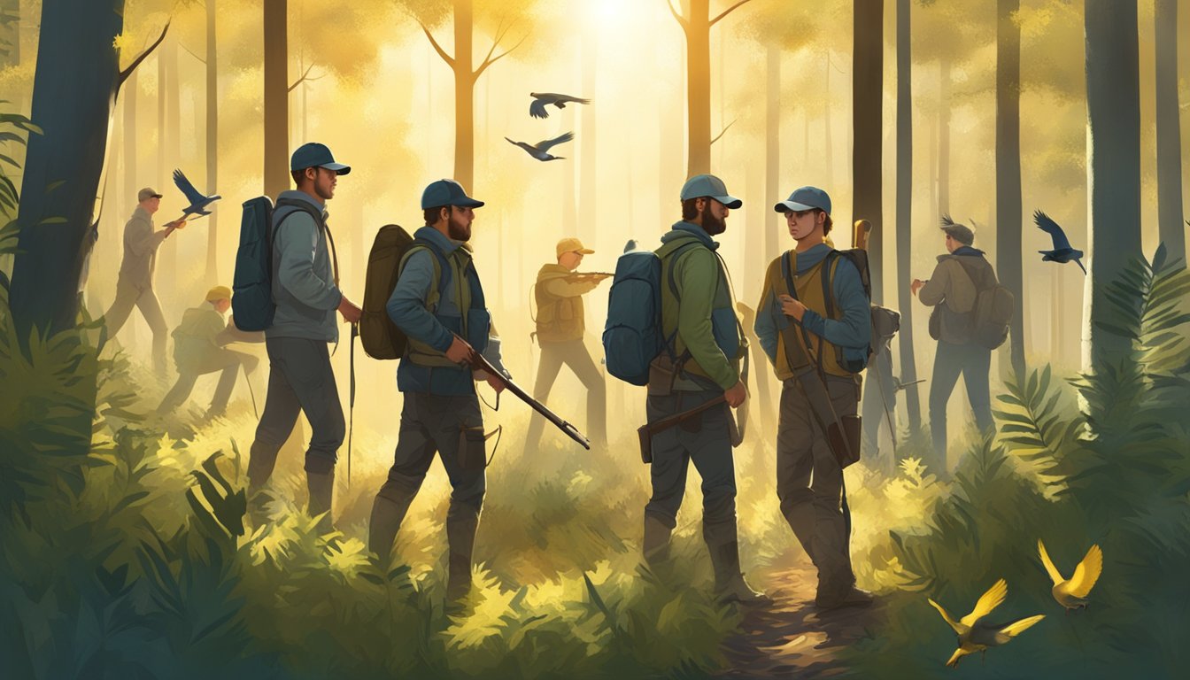 A group of young hunters wearing ear protection in a forest clearing, with birds chirping and sunlight filtering through the trees