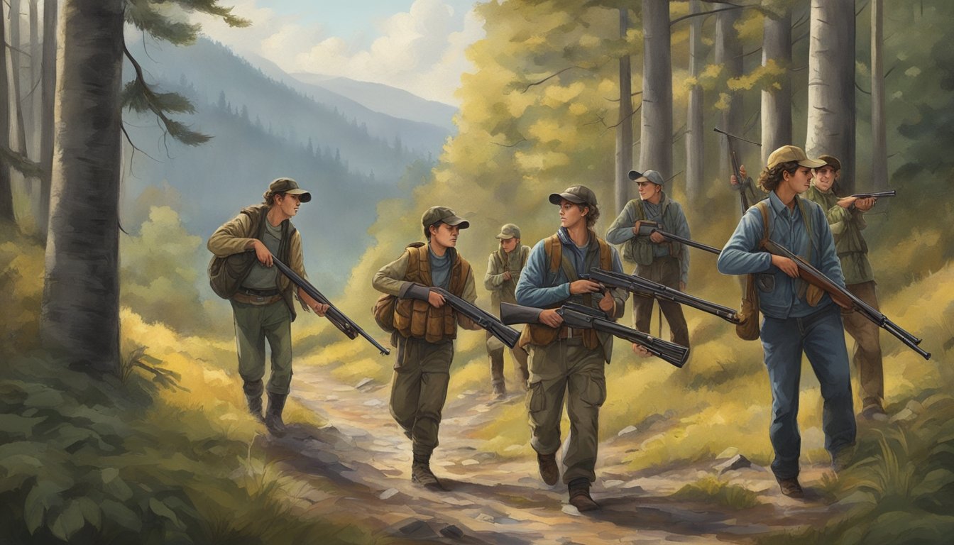 A group of young hunters, accompanied by adult mentors, trek through a wooded area with their firearms and hunting gear. They move quietly and respectfully, following safety and ethical guidelines