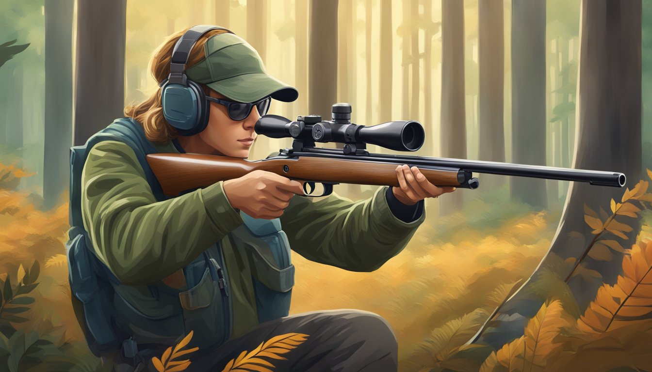 A young hunter wearing ear protection and safety glasses while aiming a rifle in a forest clearing