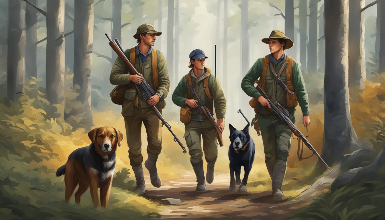 A group of young hunters walking through a forest with their rifles, accompanied by a guide and hunting dogs