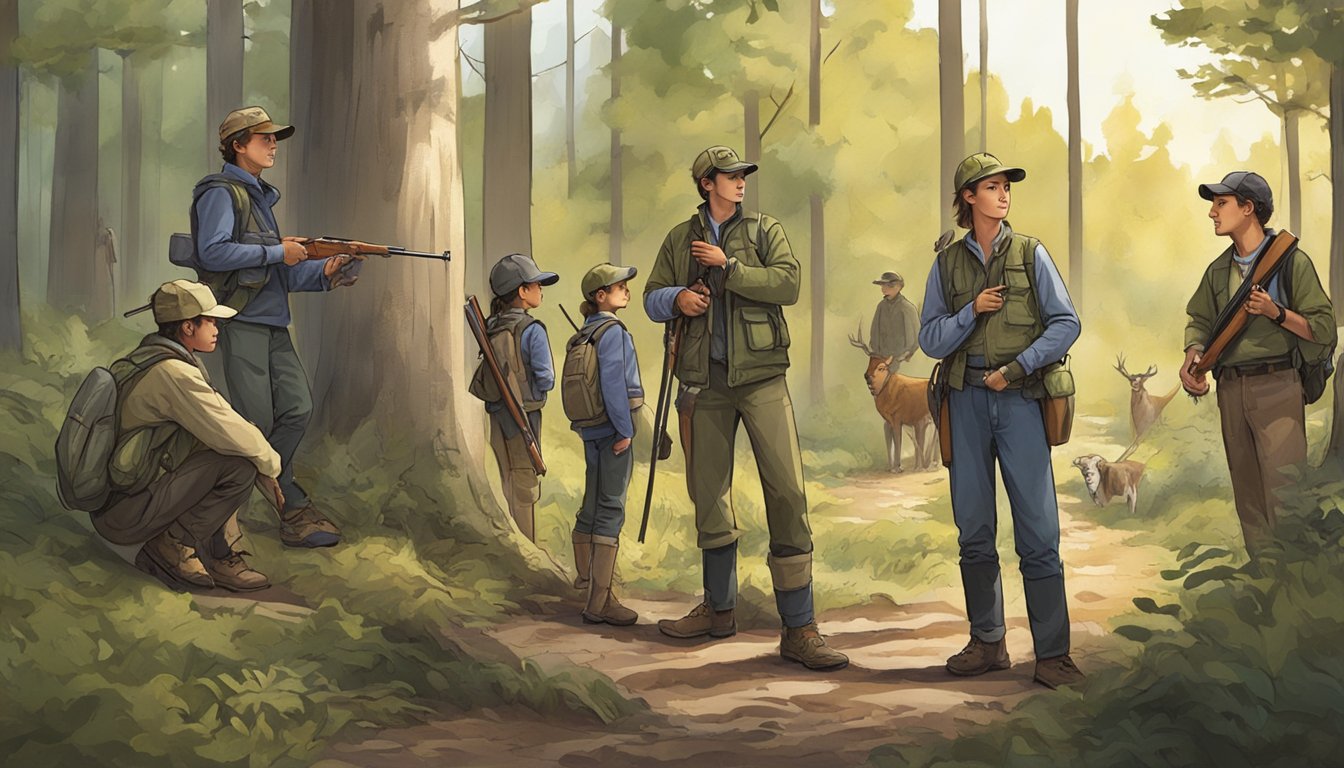 A group of young hunters, accompanied by adult mentors, gather in a wooded area. They carry hunting gear and eagerly listen to instructions from a wildlife conservation officer