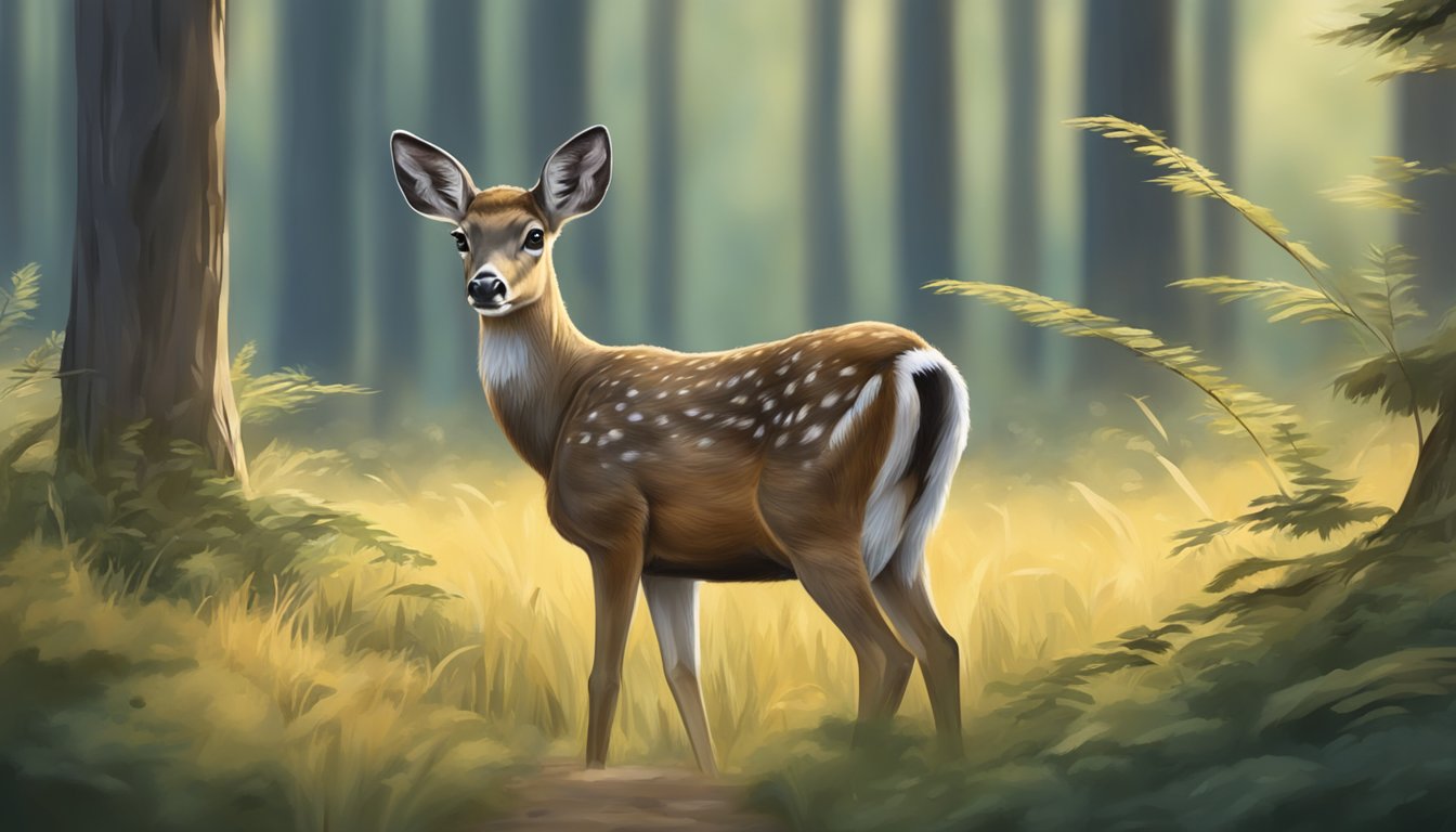 A young deer cautiously approaches a forest clearing, its ears perked up and eyes focused on the surrounding area