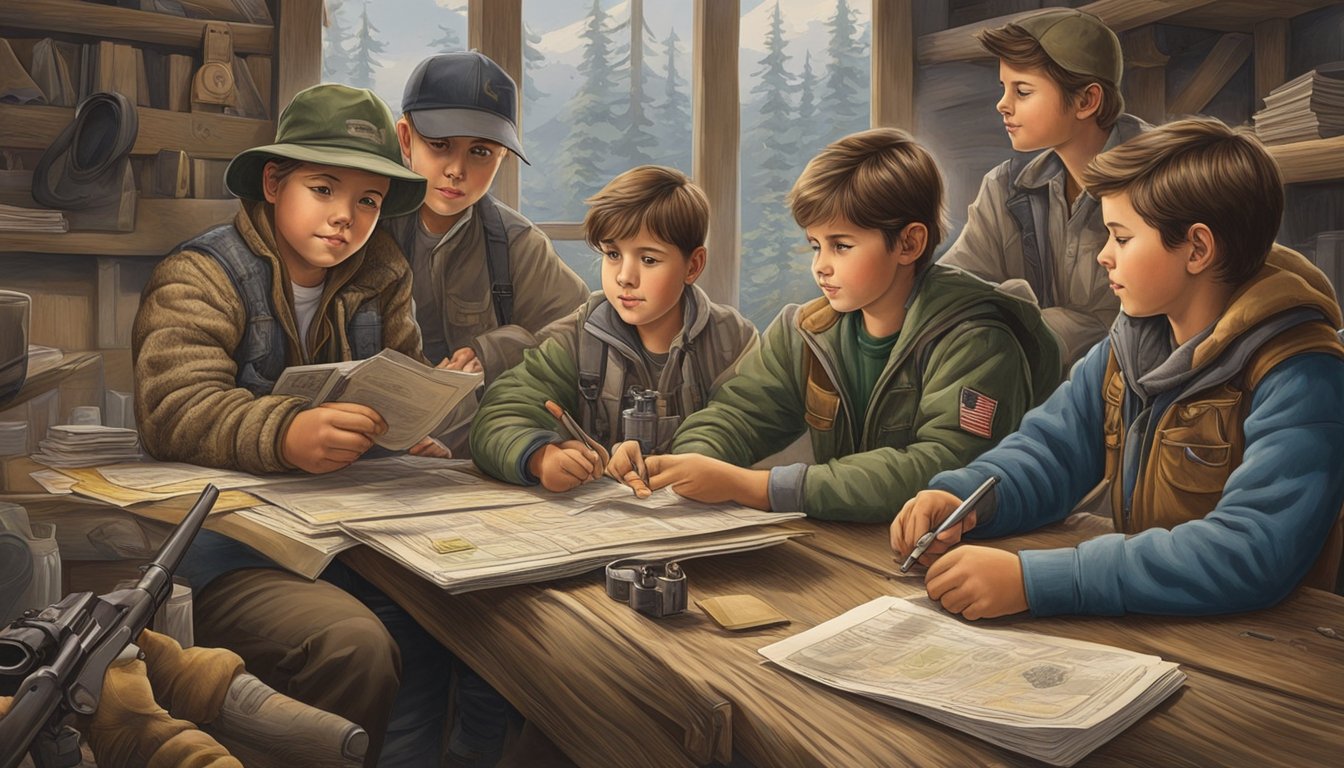 A group of young hunters eagerly gather around a table, examining their hunting licenses and permits. The excitement is palpable as they prepare for their upcoming youth hunting dates