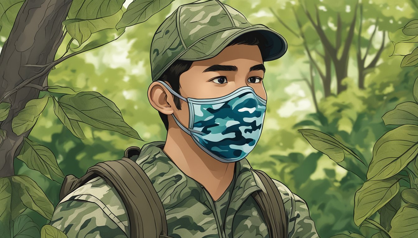 A youth wearing a camouflage hunting face mask, surrounded by trees and bushes