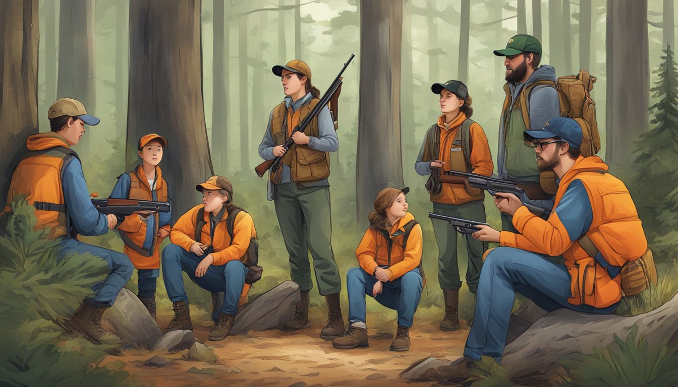 A group of young hunters gather with instructors in a wooded area, learning about gun safety and wildlife conservation