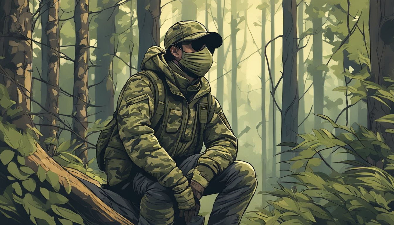 A young hunter wearing a camouflage face mask, blending into the forest while waiting for their prey