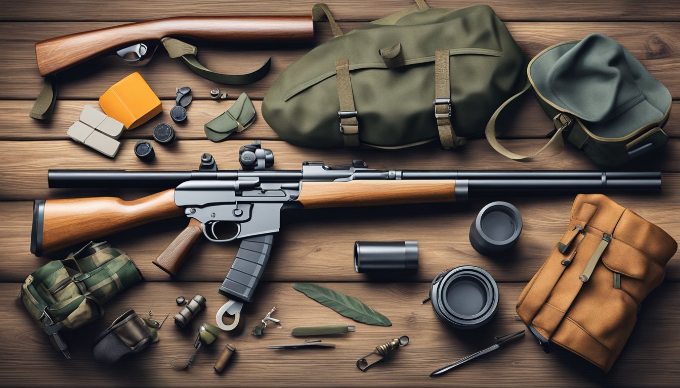 A young hunter's gear laid out on a rustic wooden table, including a rifle, camouflage clothing, binoculars, and a hunting knife