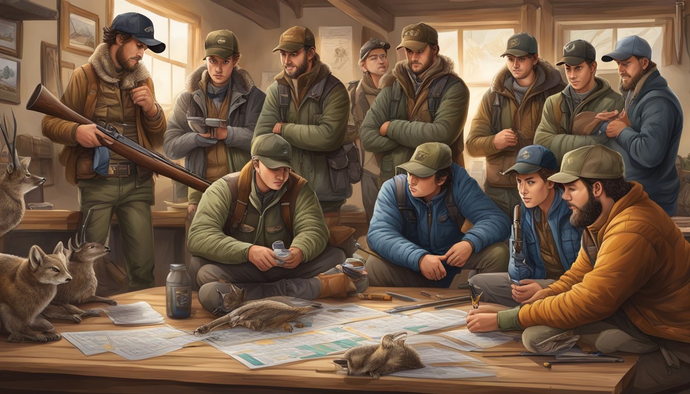 A group of young hunters gather around a calendar, discussing and planning their upcoming hunting dates. Outdoor gear and hunting equipment are scattered around the room