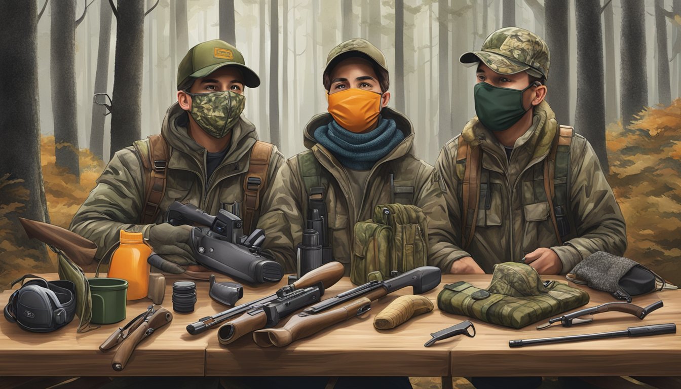 A group of youth hunting face masks displayed on a woodland-themed table, surrounded by camouflage gear and hunting accessories