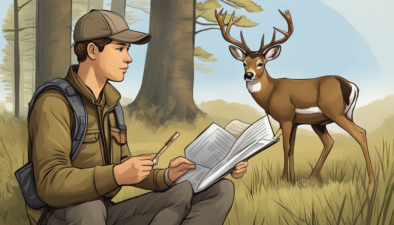 A young hunter holding a deer tag and reading through a booklet of hunting regulations