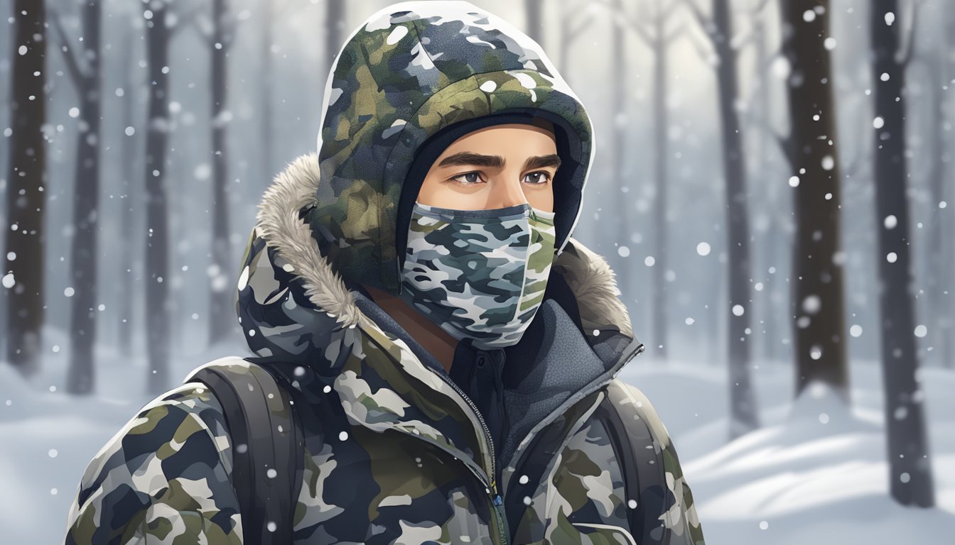 A youth wearing a camouflage hunting face mask in a snowy forest