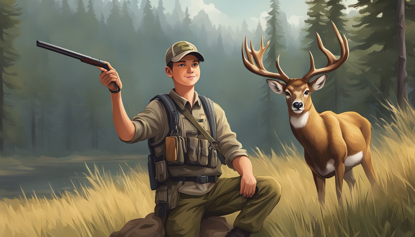 A young hunter holding a hunting license and a deer tag