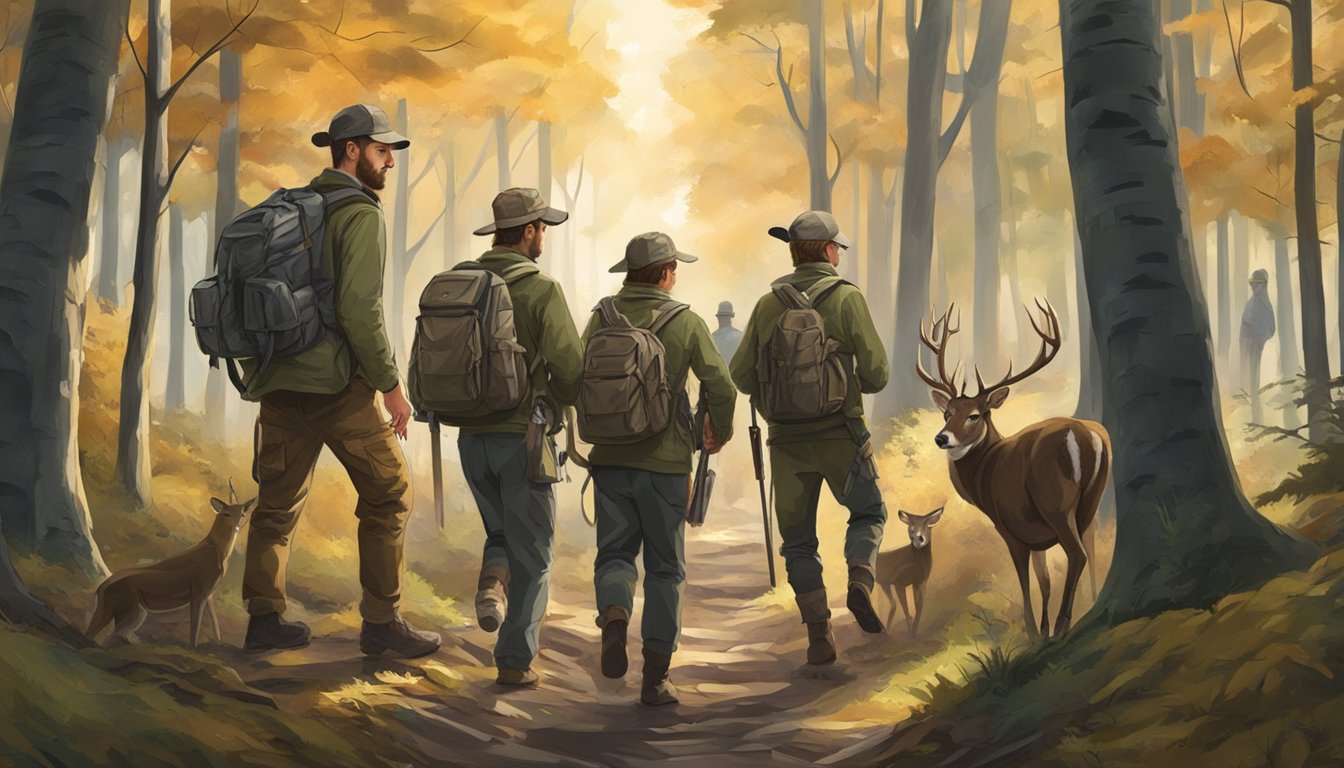 A group of young hunters, accompanied by adult mentors, trek through a forest during deer hunting season