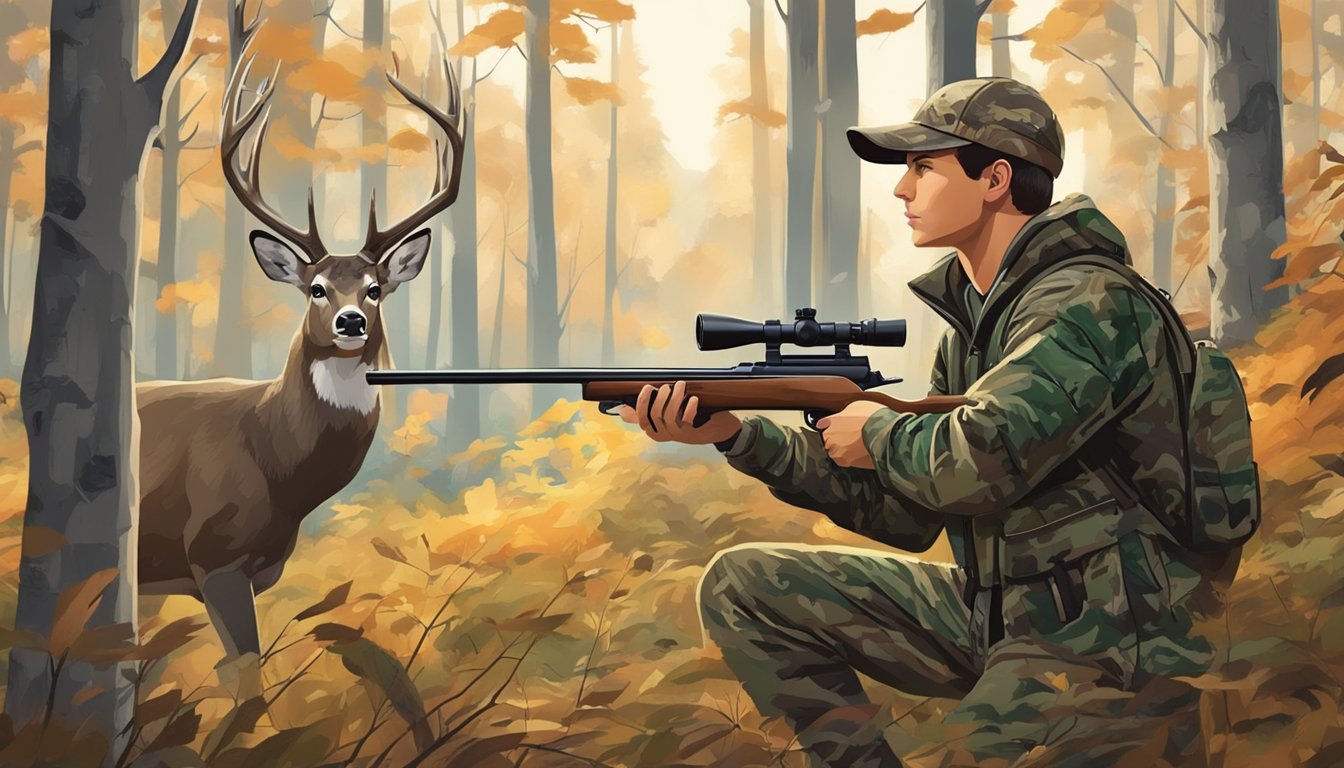 A young hunter in camouflage aims a rifle at a majestic buck in a forest clearing during youth hunting deer season