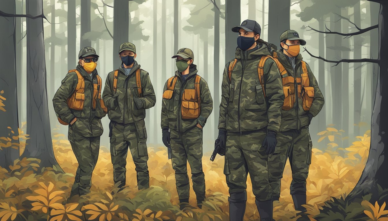 A group of young hunters wearing camouflage face masks from top recommended brands, standing in a forest clearing