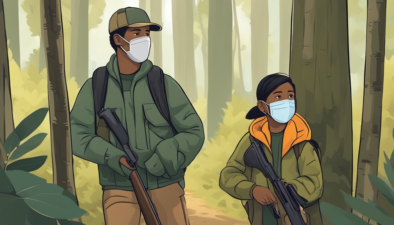 A youth wearing a hunting face mask while accompanied by an adult. They are in a wooded area, following legal and ethical hunting regulations