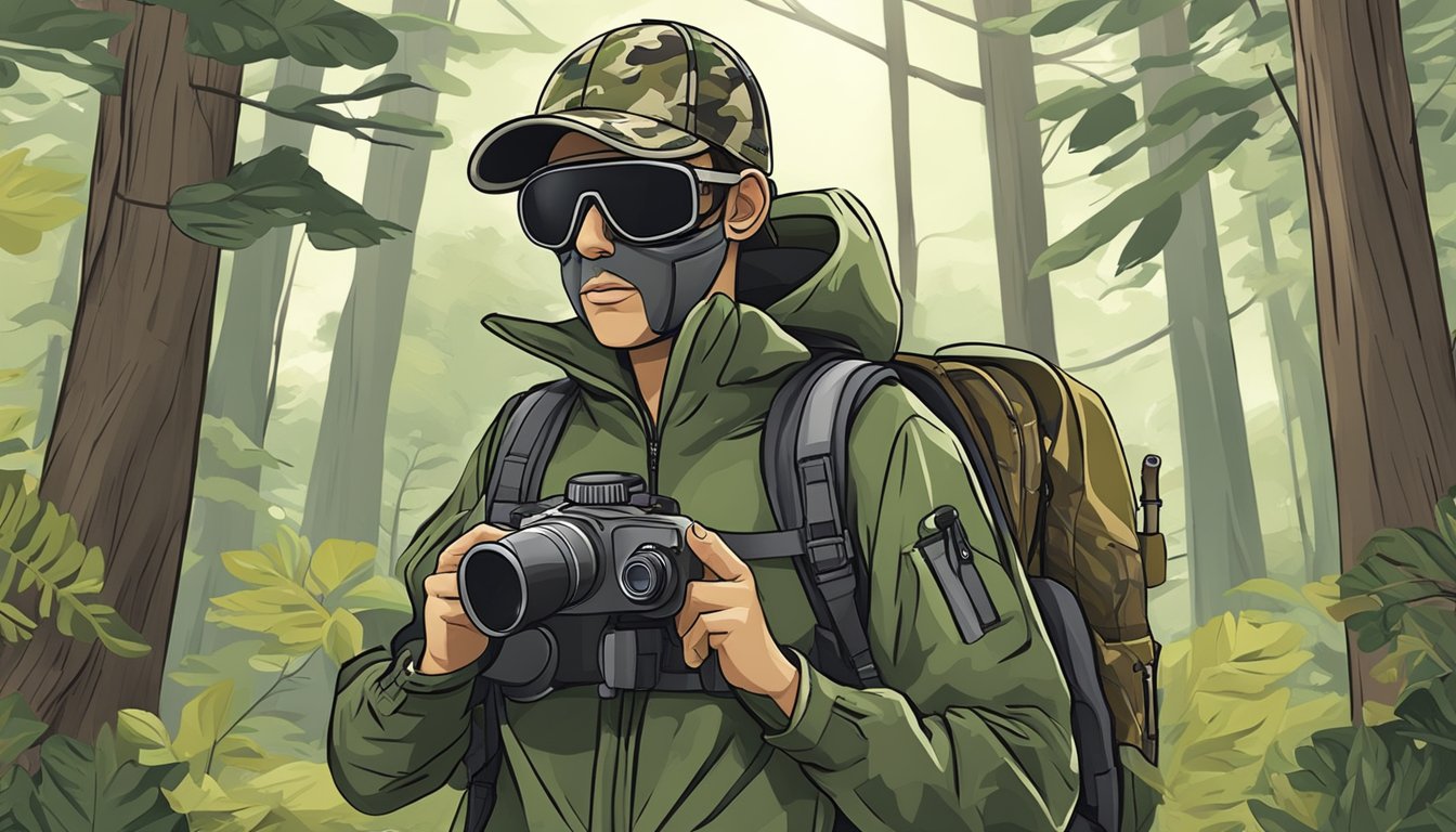 A youth hunting face mask is integrated with camo jacket, backpack, and binoculars in a forest setting