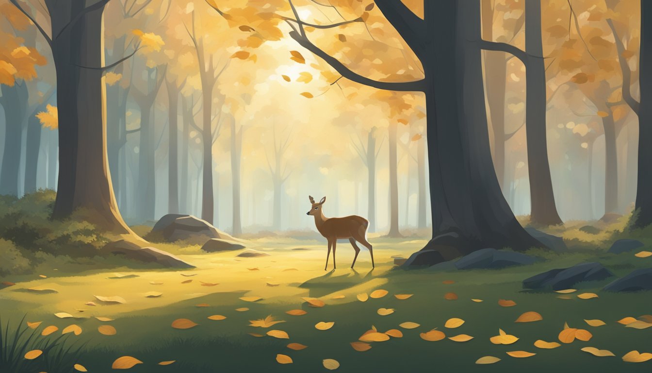 A tranquil forest clearing at dawn, with a young deer grazing in the distance, surrounded by trees and fallen leaves