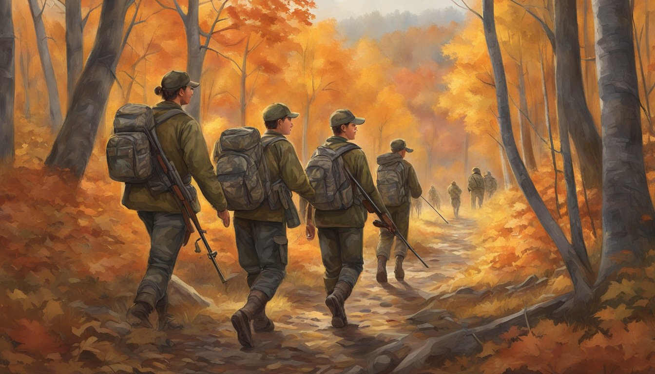 A group of young hunters in camouflage gear trek through a wooded area, rifles in hand, as they search for deer during hunting season. The autumn leaves are a mix of red, orange, and gold, creating a picturesque backdrop