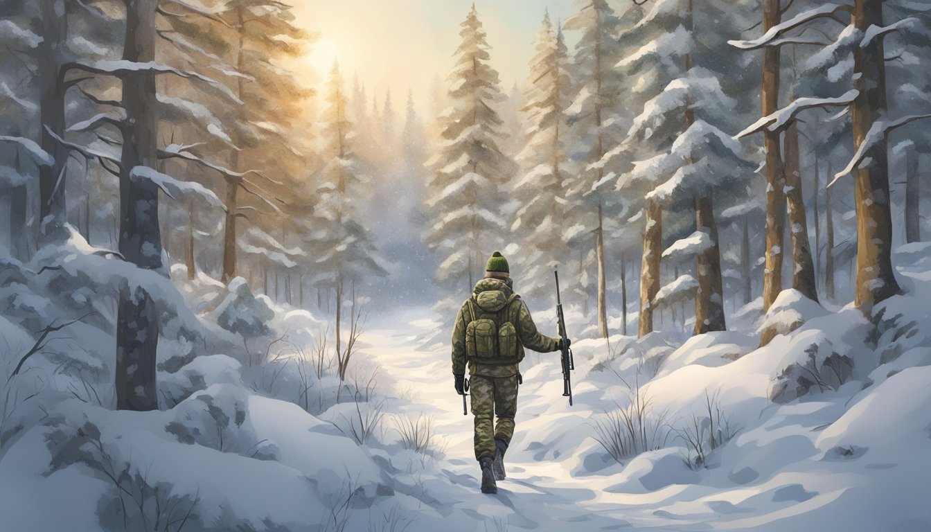 A young hunter in camo gear walks through a snowy forest, carrying a rifle and wearing insulated boots, gloves, and a beanie