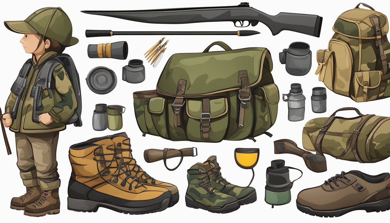 A young hunter's gear laid out: bow and arrows, camouflage clothing, binoculars, and a hunting knife