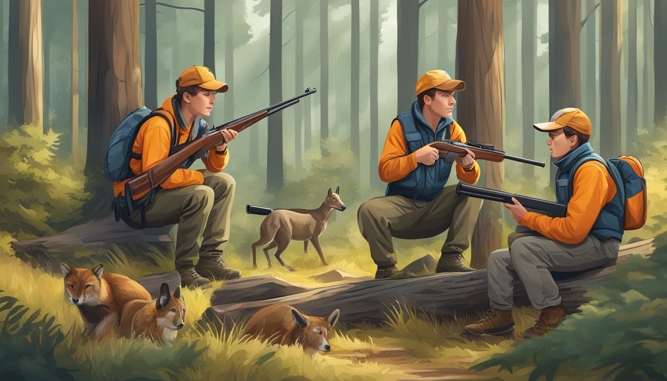 A group of young hunters learning about firearm safety and wildlife conservation from experienced instructors in a forest clearing