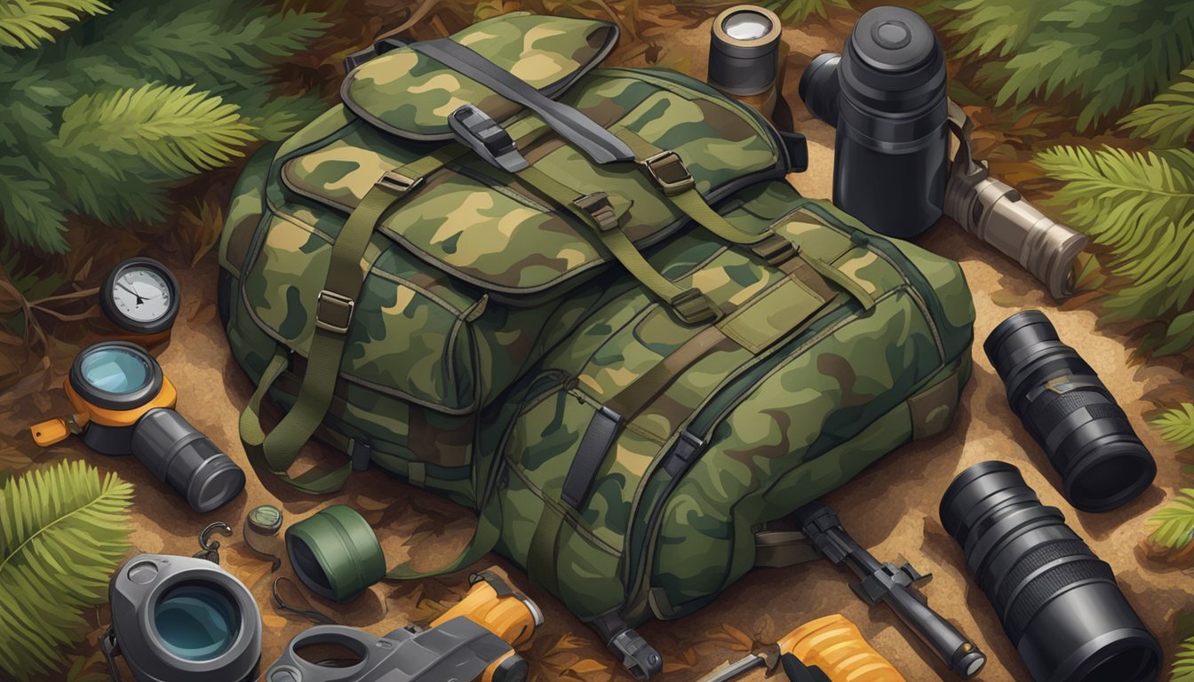 A backpack, camouflage clothing, binoculars, a hunting knife, and a rifle laid out on a forest floor