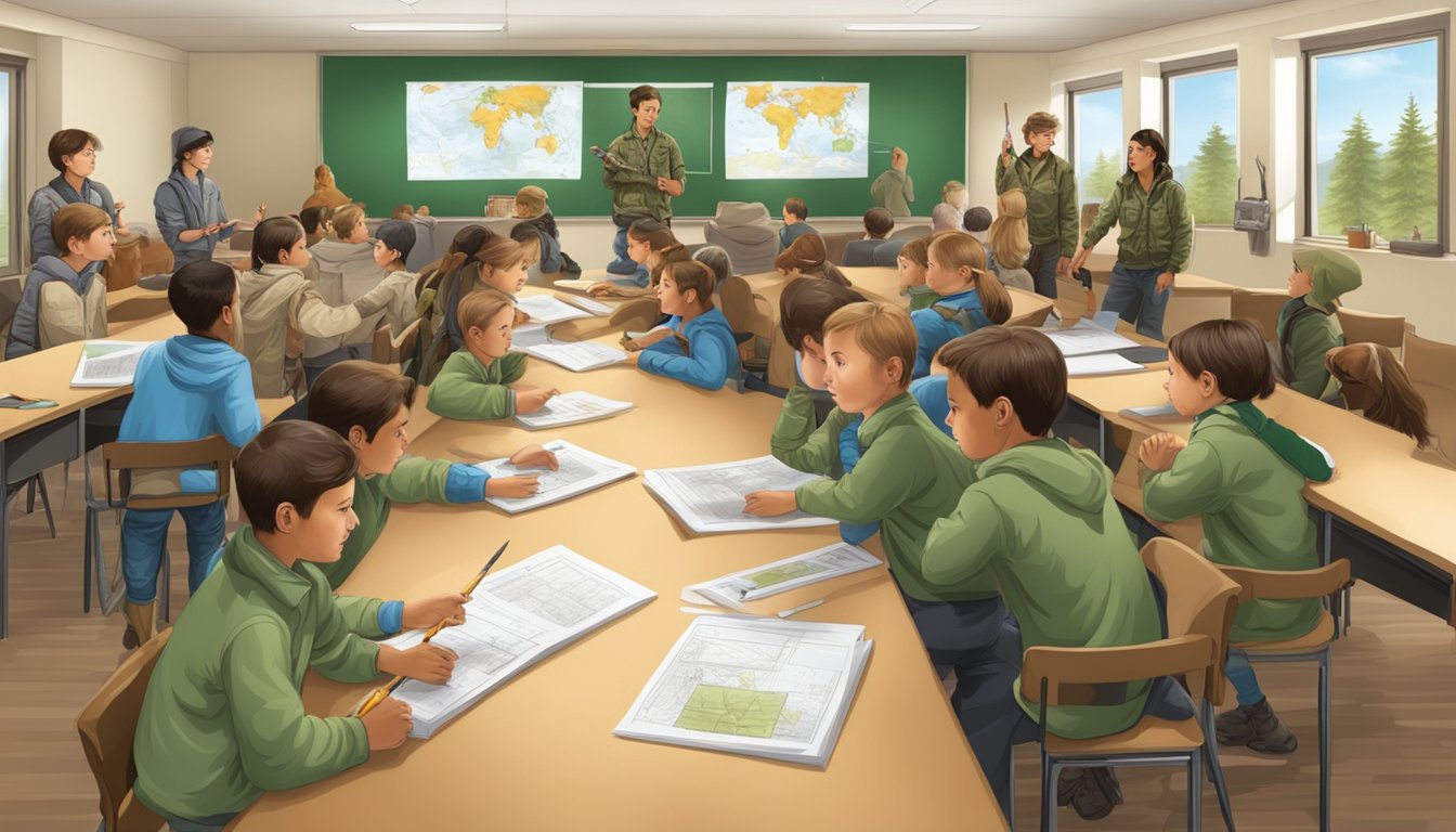 A group of young hunters receiving education on hunting regulations in a classroom setting, with visual aids and interactive demonstrations