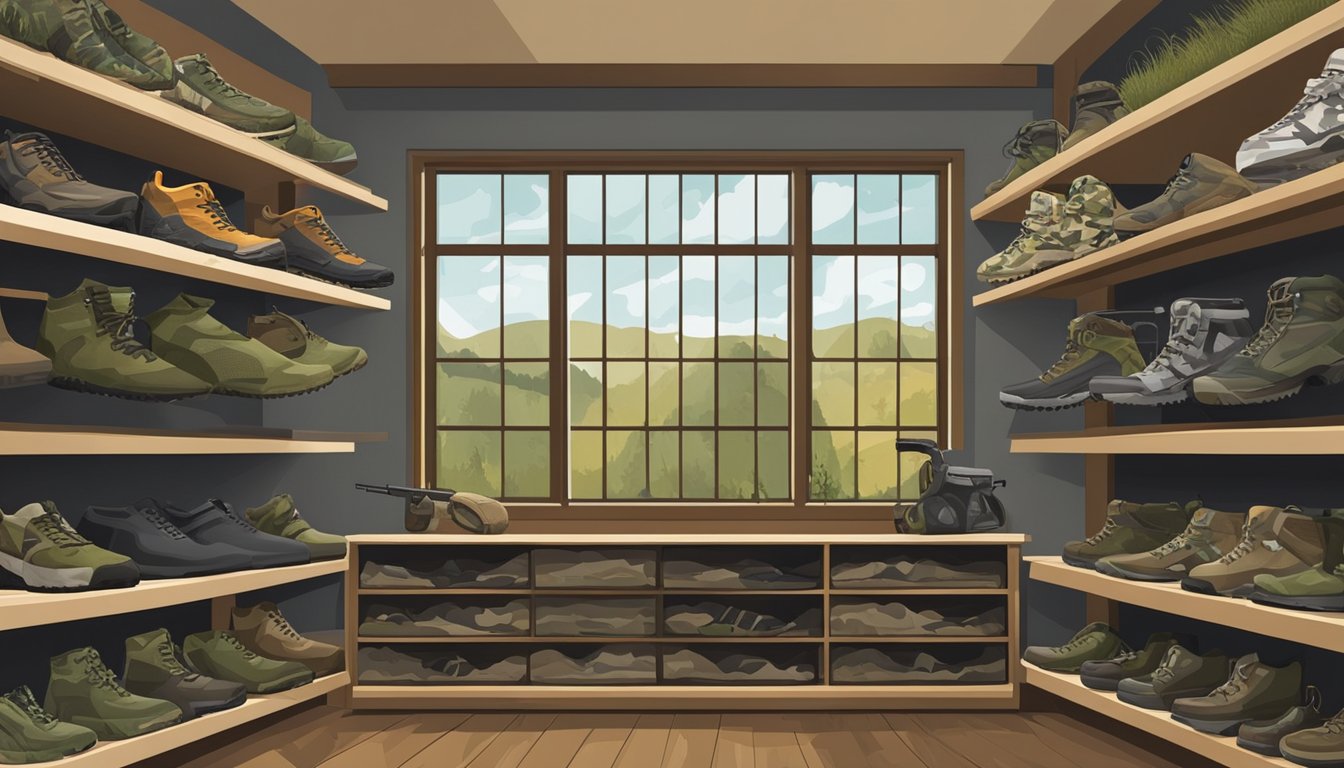 A selection of youth hunting gear displayed on shelves with various camouflage patterns and sizes. Outdoor scenery visible through a window