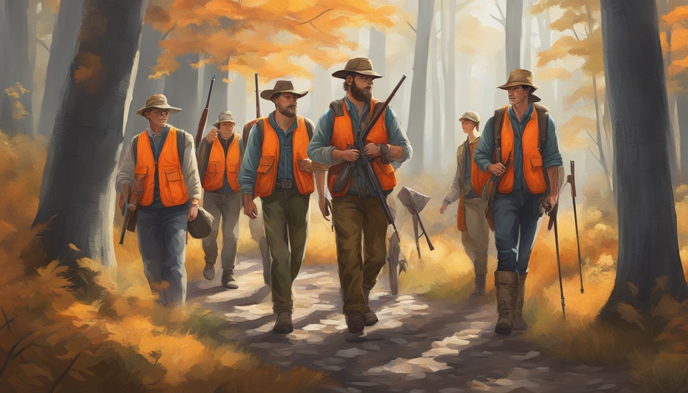 A group of young hunters wearing bright orange vests and hats, carrying unloaded rifles, walking in a line through the forest with a hunting instructor leading the way