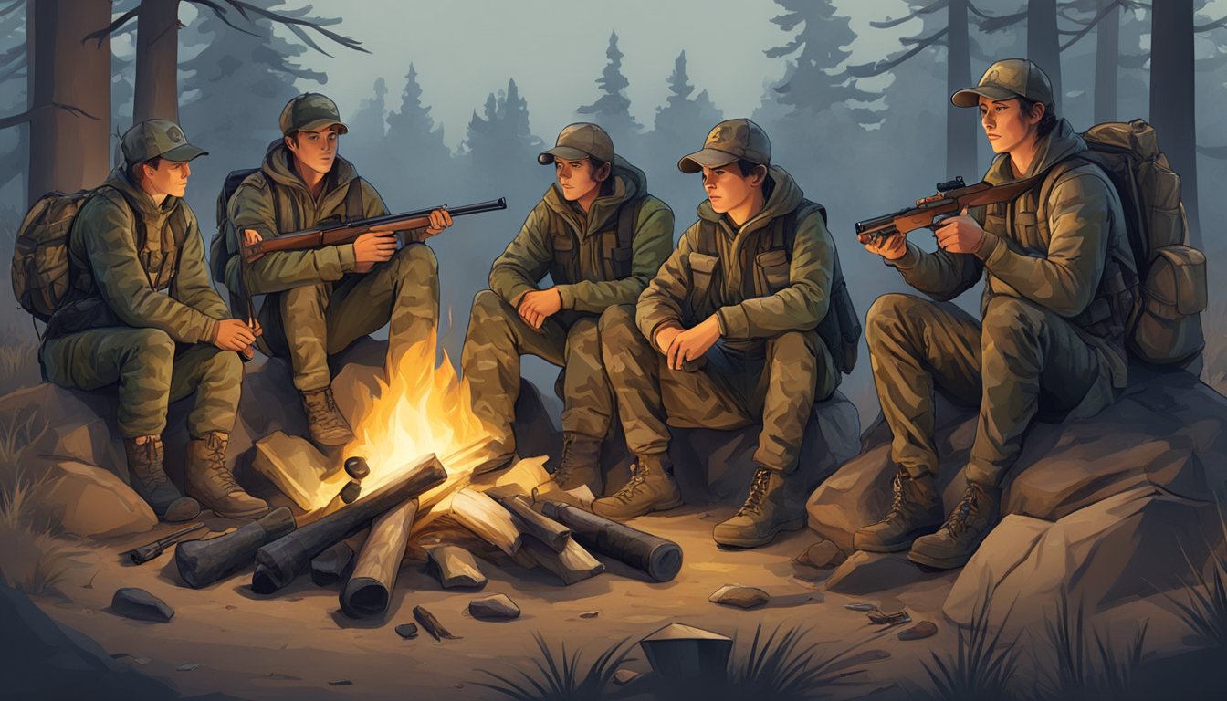 A group of young hunters gather around a campfire, their gear scattered around them - camouflage clothing, rifles, and hunting packs