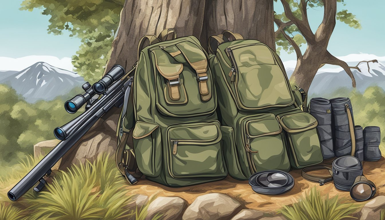 A backpack and rifle leaning against a tree, with a pair of binoculars and a camouflaged hat nearby