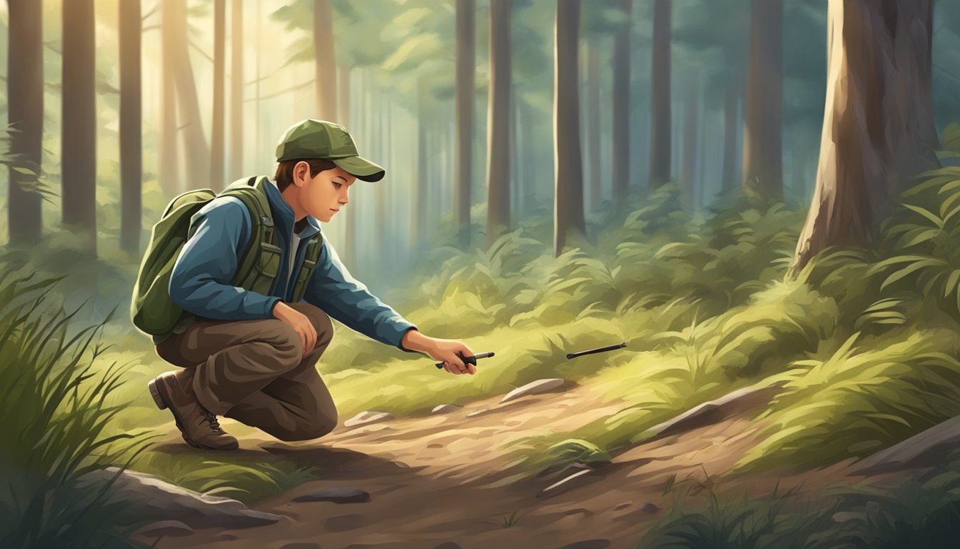 A young hunter carefully tracks animal footprints in the forest, learning important hunting techniques and skills