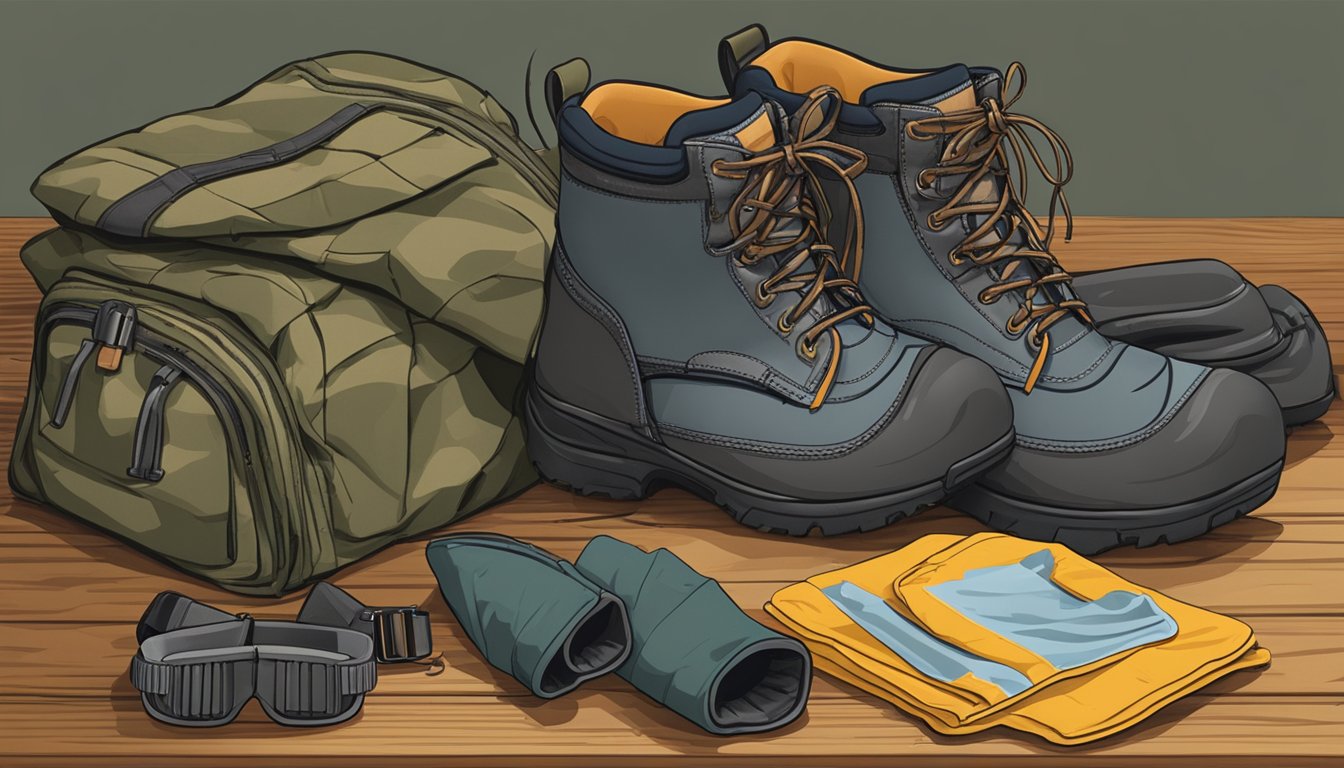 A pair of youth hunting gaiters laid out on a wooden table, alongside essential hunting clothing and gear