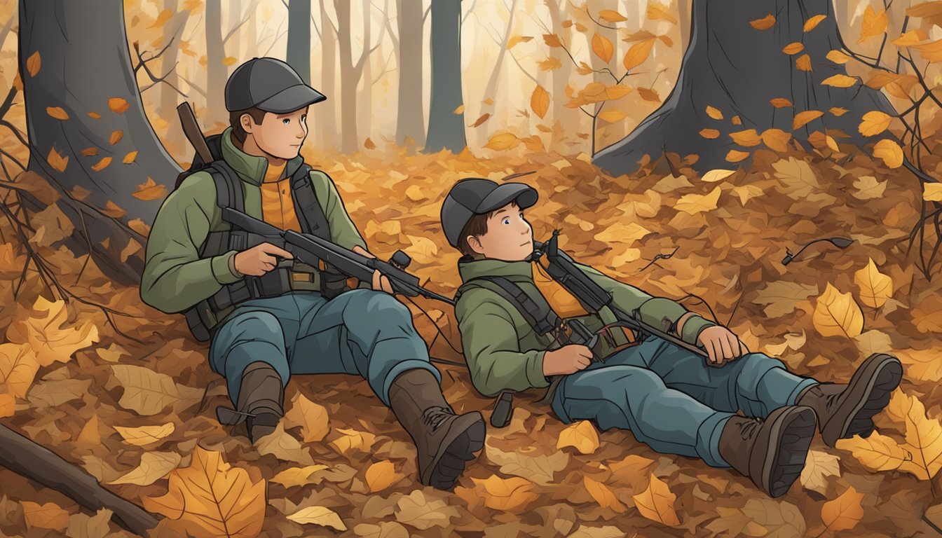 A pair of youth hunting gaiters lying on the forest floor, surrounded by fallen leaves and twigs