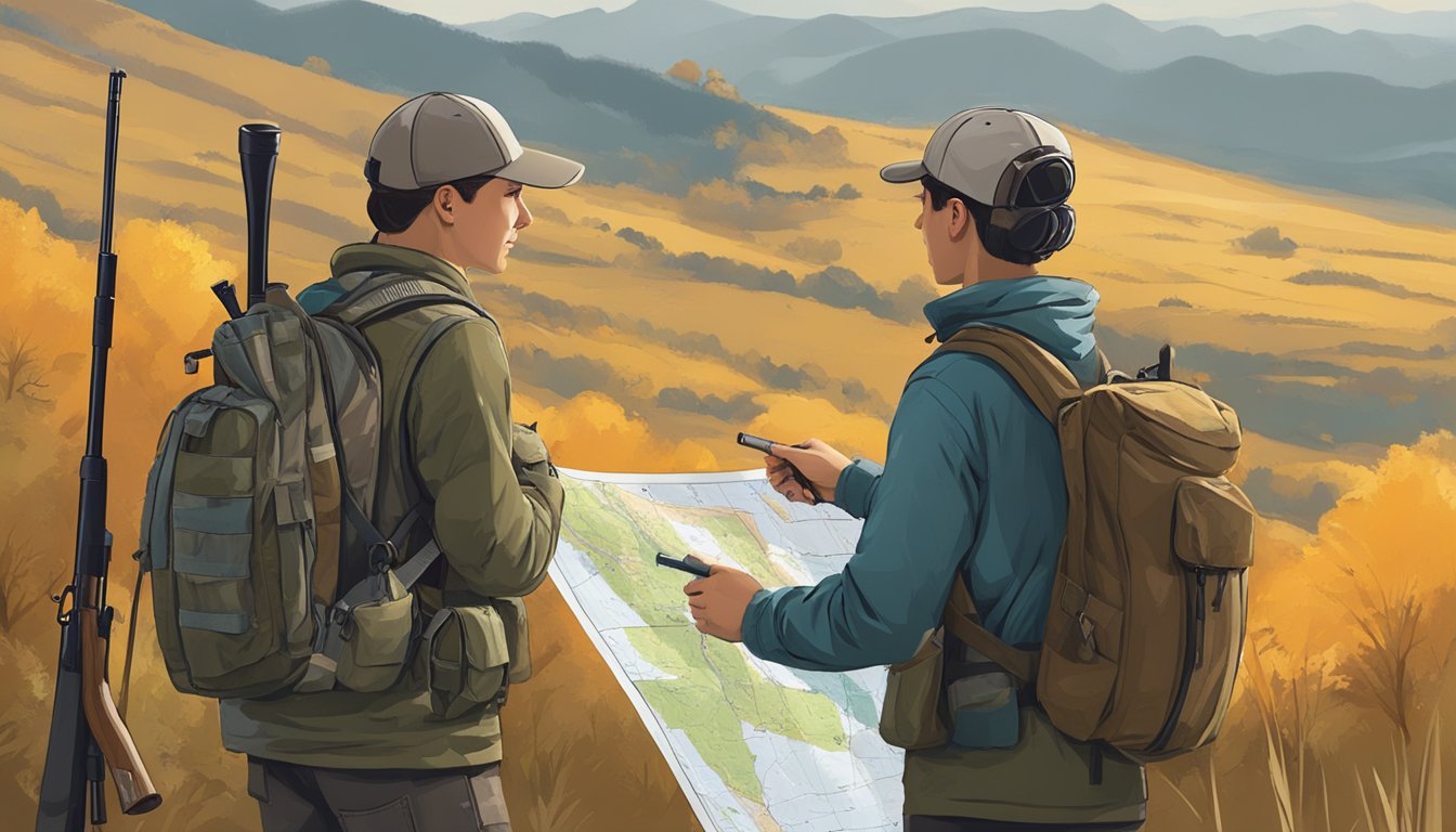 A young person in hunting gear, holding a rifle and looking at a map. A mentor stands nearby, pointing out different features of the landscape