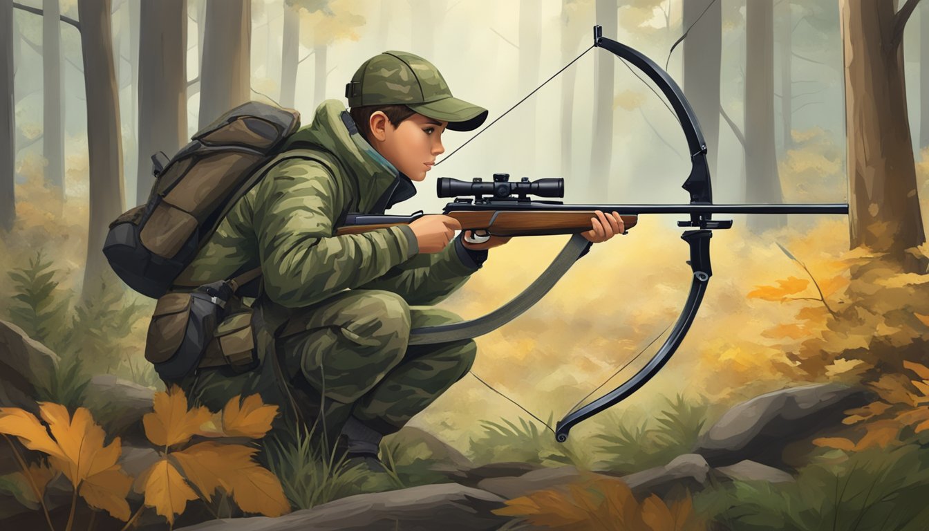 A young hunter in camouflage gear wearing youth hunting gaiters, crouched in a forest, aiming a bow at a target