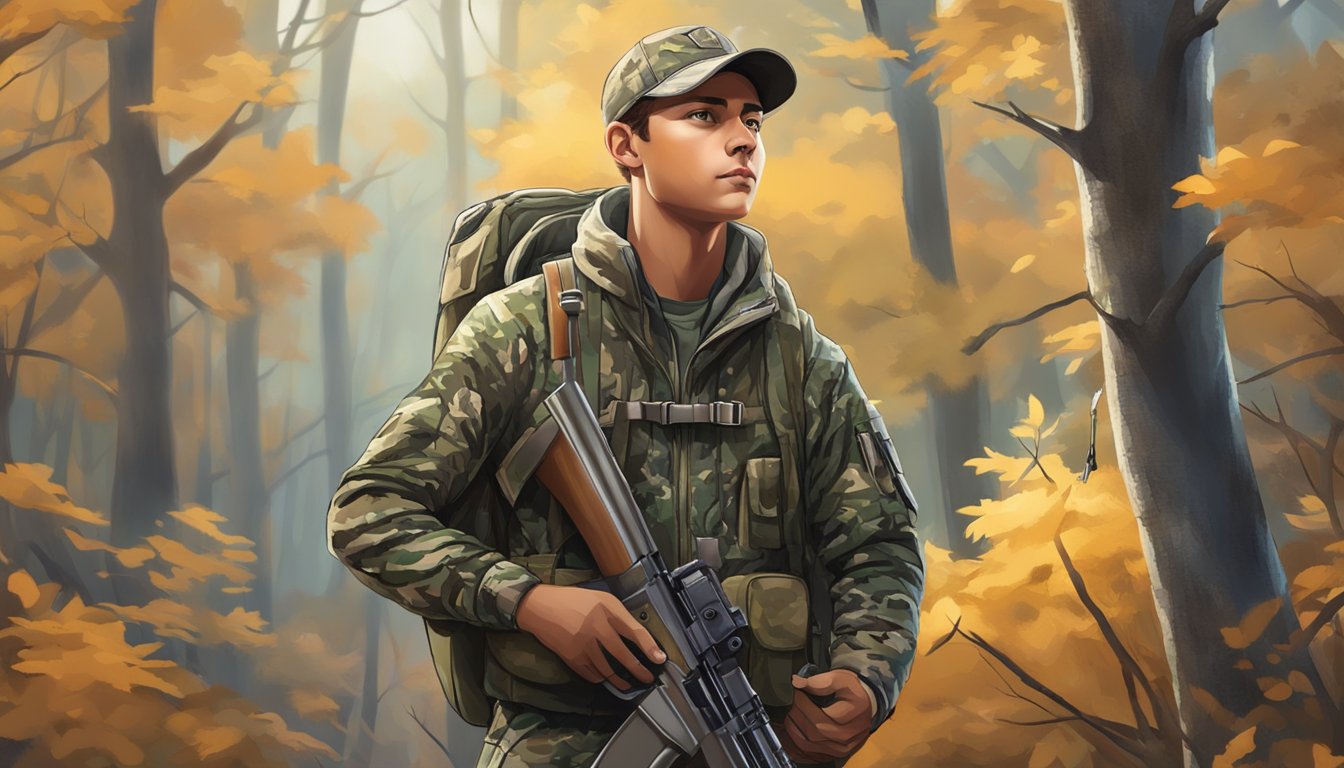 A young hunter wearing camouflage clothing and a backpack, holding a rifle, surrounded by trees and wildlife