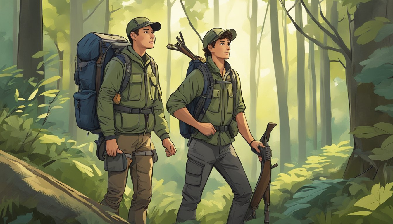 A young hunter wearing a fanny pack stands in a forest clearing, surrounded by trees and wildlife. The pack is equipped with multiple pockets and compartments for storing hunting essentials