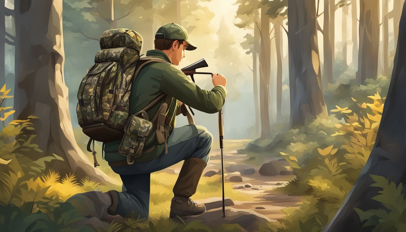 A young hunter receiving a new camouflage backpack filled with hunting gear and accessories, surrounded by trees and wildlife