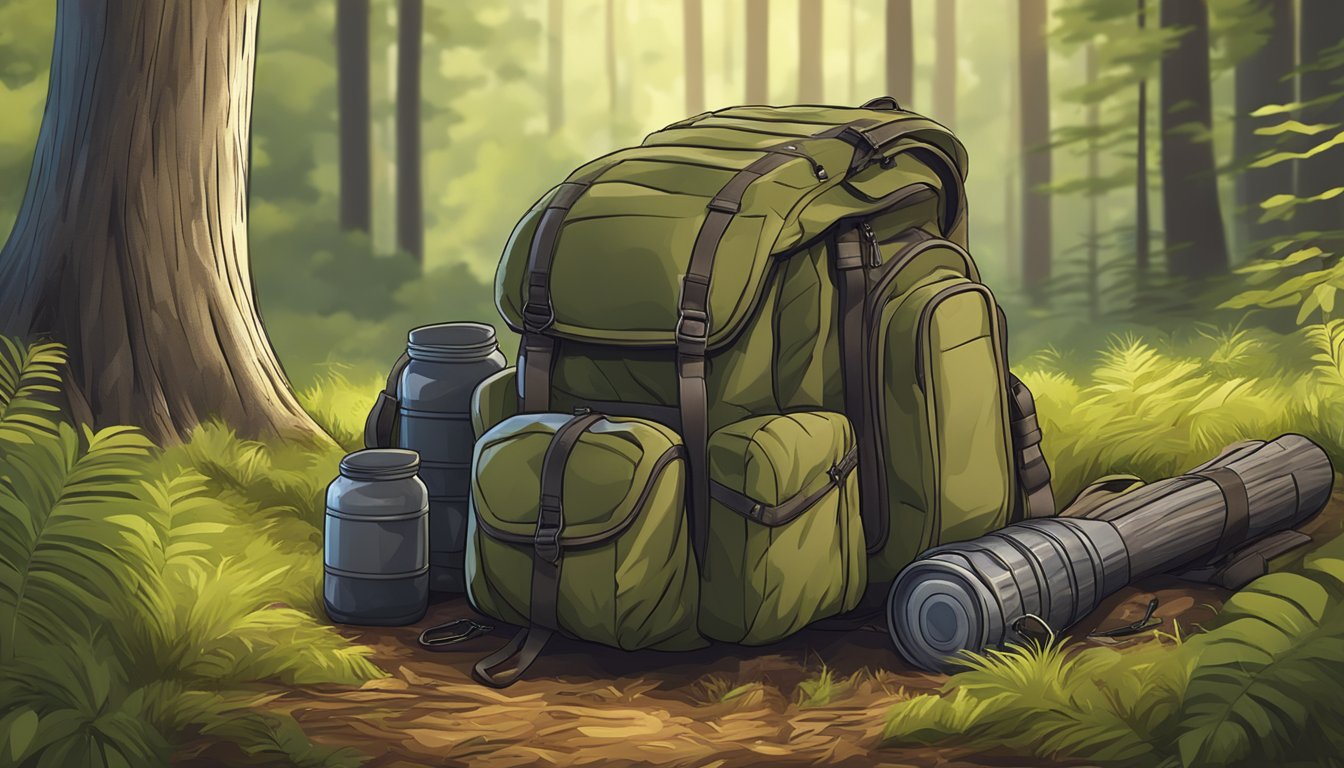 A sturdy hunting backpack filled with gear, resting against a tree in a forest clearing