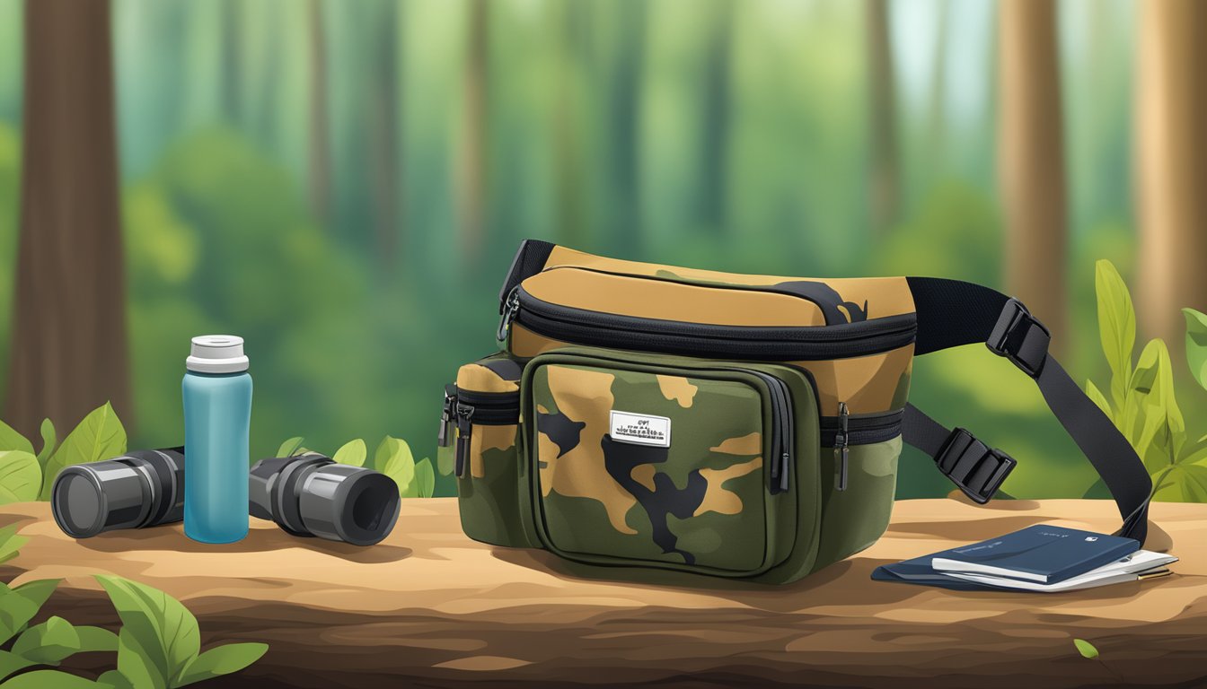 A youth hunting fanny pack with customizable compartments and additional accessories, such as a water bottle holder and ammo loops, displayed against a woodland backdrop