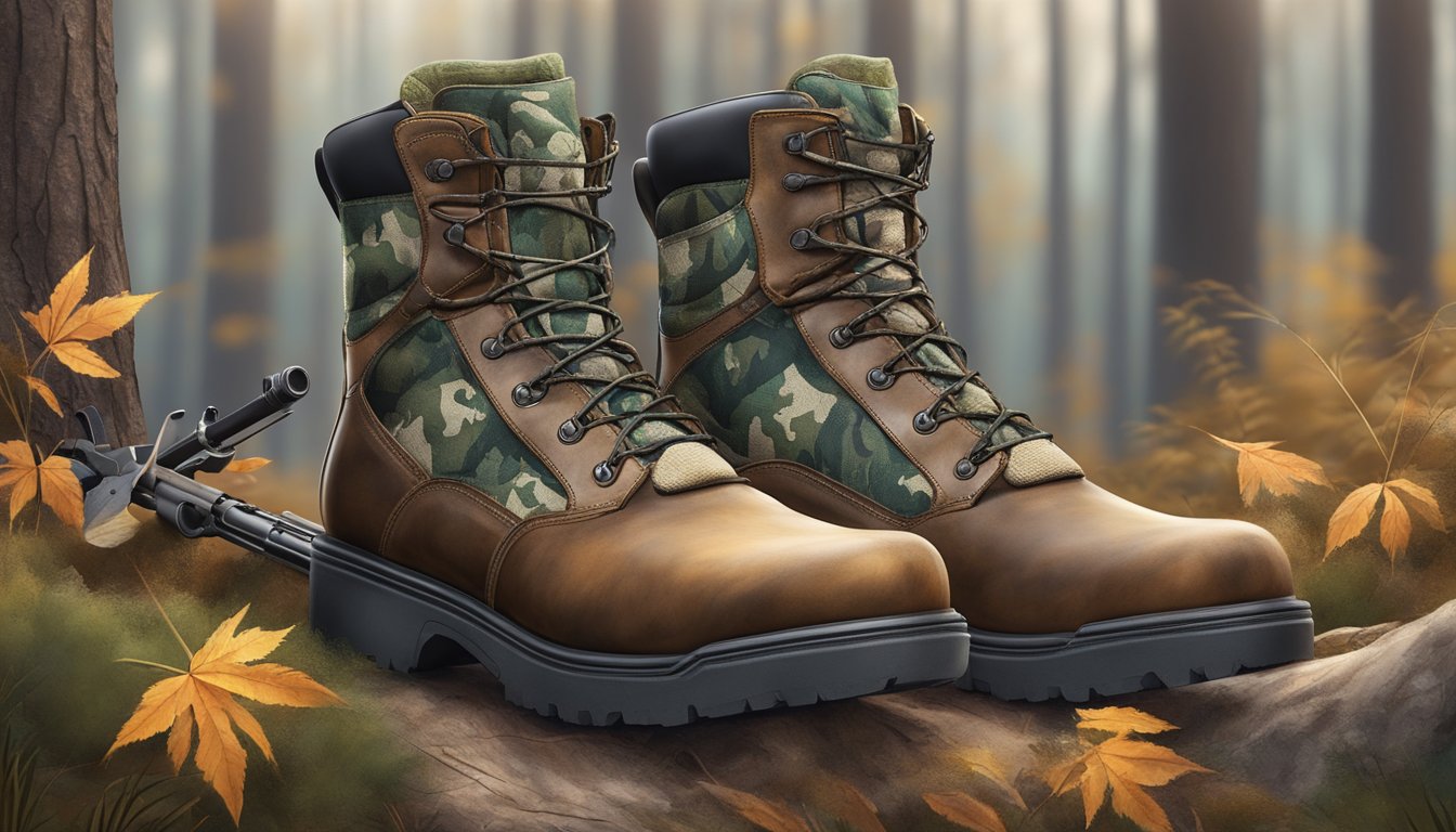 A pair of rugged hunting boots surrounded by camouflage gear and a hunting rifle, set against a backdrop of a forest and wildlife