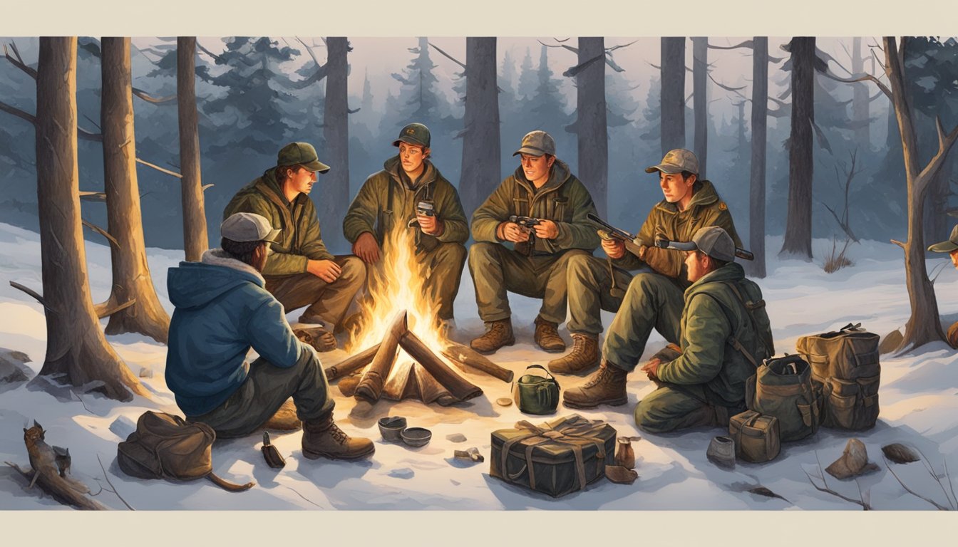 A group of young hunters gather around a campfire, exchanging gifts such as camo gear, hunting knives, and binoculars. Wildlife decorates the scene