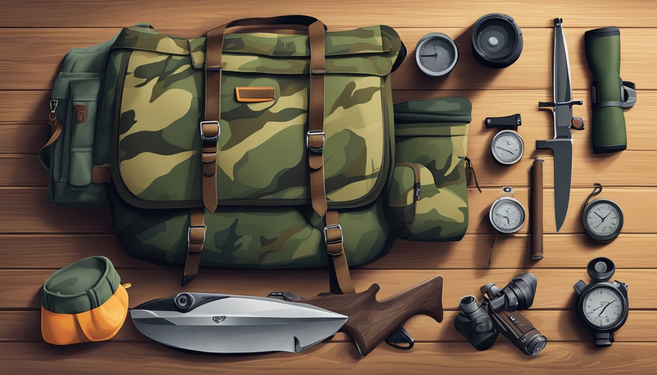 A youth's hunting gear spread out on a wooden table, including camouflage clothing, a backpack, binoculars, and a hunting knife